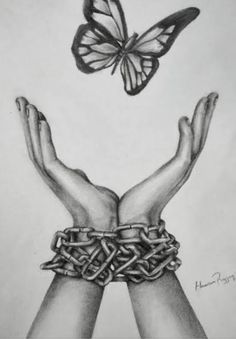 two hands with chains and a butterfly above them