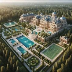 an aerial view of a large mansion with a tennis court in the foreground and trees surrounding it