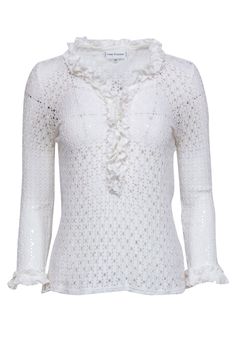 Current Boutique-Anne Fontaine - White Eyelet Ruffle Trim Long Sleeve Top Sz 10 Elegant Fitted Top With Crochet Trim, Bohemian Top With Ruffled Collar, Chic Fitted Blouse With Crochet Trim, Elegant Spring Blouse With Crochet Trim, Elegant Blouse With Crochet Trim For Spring, Fitted Tops With Crochet Trim For Spring, Elegant Crochet Trim Blouse For Spring, Bohemian Ruffled Collar Top For Summer, Fitted Spring Blouse With Crochet Trim