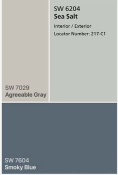 some gray paint colors with the words sw 709 sea salt in white and grey