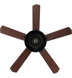 a ceiling fan with four wooden blades on it's center and two black wheels