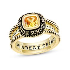 Celebrate your best school days with this personalized and engravable class ring with jacket set. Select your choice of metal The center features the 6.0mm bezel-set cushion-cut simulated birthstone of your choosing The frame can be customized with school name or motto and adorned with two diamond accents Further personalize the design with two lines of text to be inscribed along the shank Add another line of text to be engraved along the inside of the shank The double-row open jacket showcases Open Jacket, School Fun, School Days, Cushion Cut, Bezel Setting, Personalized Jewelry, Class Ring, Or Rose, Gift Guide