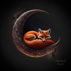 a painting of a fox sleeping on top of a crescent with stars in the background