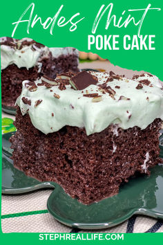 Andes Mint Poke Cake is a fudgy chocolate cake topped with a minty whipped cream and Andes mint candies. This easy poke cake is perfect for St Patrick's Day or for anyone who loves mint! Mint Poke Cake, Vegan Grill, Andes Mint Chocolate, Mint Chocolate Cake, Pudding Poke Cake, Irish Desserts, Mint Cake, Chocolate Poke Cake, Andes Mint