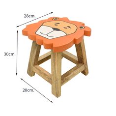 an orange stool with a lion face on the side and measurements for each seat height