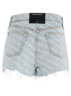 'Bite' cotton denim shorts with all-over logo print, zip and button closure, five pockets, frayed hem and a high waist style. Composition: 100% cotton Luxury Denim Jean Shorts With Five Pockets, Luxury Medium Wash Shorts With Belt Loops, Luxury Cotton Jean Shorts, Luxury High Rise Cotton Shorts, Luxury Mid-rise Women's Shorts, Luxury Medium Wash Shorts For Spring, Luxury Five Pockets Jean Shorts, Luxury Women's Shorts With Welt Pockets, Luxury Spring Mini Shorts