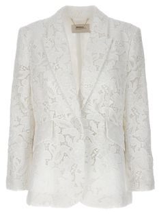 'Natura Lace' lace lined blazer with single-breasted button closure, pockets, long sleeves. Composition: 100% polyester How To Style A Maxi Dress, Sable Coat, Boho Chic Design, Lace Blazer, Kobi Halperin, Lace Jacket, Feather Dress, Style Maxi Dress, White Blazer