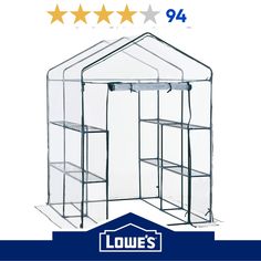 a walk in greenhouse with three shelves and five stars on the top of it for sale