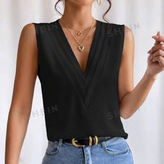 Never Worn Very Cute Back Blouse! Arrived Too Late For Me To Use, Hoping To Get It To A Good Home Black Sleeveless Office Top, Sleeveless Black Office Blouse, V Neck Sleeveless Blouse, Tops Black, Shein Tops, Too Late, Sleeveless Blouse, Get It, Top Blouse