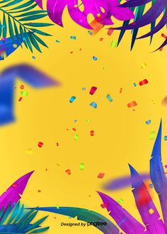 an abstract background with tropical leaves and confetti