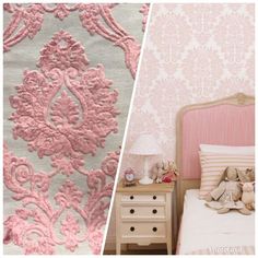 two photos side by side one with pink and grey wallpaper, the other in white