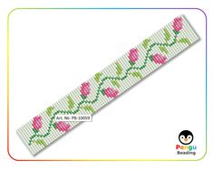 a cross stitch bracelet with pink roses on it and green leaves in the middle,