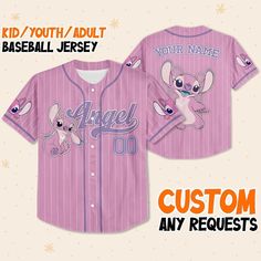 Custom Disney Lilo And Stitch Angel Pink Simple Baseball Jersey Lilo And Stitch Angel, Moana Shirt, Disney Villain Shirt, Toy Story Shirt, Epcot Shirts, Custom Uniform, Minnie Shirt, Custom Baseball Jersey, Stitch And Angel