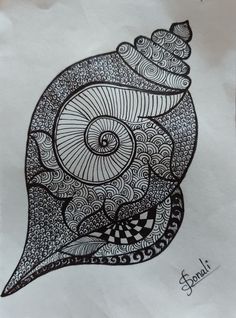 a black and white drawing of a snail with swirls on it's shell