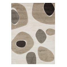 an area rug with various shapes and colors on the floor, including circles in grey, black, beige and white