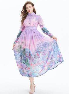 Oasis-like in its serene palette, this dress is a breath of fresh air with its fluid, pastel tones and delicate floral imagery. A vision of springtime charm, the high collar and long sleeves offer a dignified silhouette, while the gentle gathering at the waist cascades into a flowy skirt that dances around the calves. Each brushstroke of the print evokes a dreamy garden, with flowers in bloom and exotic birds in mid-flight, transforming the fabric into a wearable piece of art. Fastened with a neat row of buttons along the bodice and wrists, this dress marries simplicity with sophistication. Ideal for daytime events or enchanting evenings, it's a statement garment that doesn't shout but rather, whispers elegance. Fabric name: chiffonPattern: printingSleeve length: long sleevesMain fabric co Garden With Flowers, Dreamy Garden, Flowers In Bloom, Exotic Birds, Breath Of Fresh Air, Holiday Dress, Flowy Skirt, Blooming Flowers, Lingerie Sleepwear