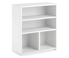 a white bookcase with three shelves on each side and one door open to reveal the bottom shelf