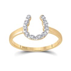 Metal Type 14kt Yellow Gold Item Number BTGND43623 Style Horseshoes Ring Size 7 Carats Total Weight * 1/20 Ct.t.w. Primary Gem Type Diamond Primary Gem Shape Round Primary Gem Color / Clarity G-H / I3 Widest Point Width 9 mm (.35 inches ) Gram Weight 1.9 grams (approximately) * Combined diamond weight of 1/20 carats total weight represents a range of 0.04 - 0.06 cts. t.w. Silver Anniversary Gifts, Horseshoe Ring, Lucky Horseshoe, Silver Anniversary, Circle Diamond, Diamond Cluster Ring, Round Diamond, Fashion Rings, Women Rings