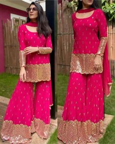 Banarasi Suit Designs Latest, Banarasi Suit Designs, Bridesmaid Indian, Designer Sharara Suits, Pink Sharara, Indian Tunic Tops, Banarasi Suit, Indian Tunic, Party Wear Gown