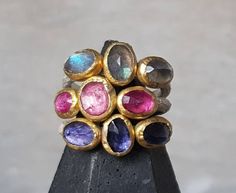 Made to order.. Can be made in any size. Just choose which stone you like best, can be made in any kind of stones..the size of the stones is 7x5 mm, just love to stack them..the 22k gives so much richness to the stones.. The band is made of silver. Ruby And Diamond Necklace, 22k Gold Ring, Black Diamond Earrings, Statement Rings Diamond, Emerald Ring Gold, Yellow Rings, Golden Ring, Cabochon Ring, Citrine Ring