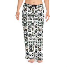 Wrap yourself in cozy comfort with our women's pajama pants, adorned with an adorable design featuring a group of baby pandas engaged in various cute activities. The pajama pants showcase a delightful full image of these playful pandas on both the front and back, making each pair a charming addition to your loungewear collection. Crafted from 100% polyester, these pants are designed for ultimate comfort while you relax. The elastic waistband at the back and adjustable black drawstring ensure a perfect fit, while the care label indicates that these pants are proudly sewn and assembled in the USA from parts sourced globally. Product Details: *Material: Made from 100% polyester, these pajama pants offer a soft, smooth feel against the skin, perfect for lounging at home or enjoying a restful n Cute Cotton Sleepwear, Cozy Cotton Sleep Pants, Cozy Sleepwear With Elastic Waistband For Sleepovers, Cute Sleepwear With Elastic Waistband For Loungewear, Comfy Cotton Bottoms For Pajama Party, Comfy Cotton Sleep Pants, Cozy Cotton Sleep Bottoms, Comfortable Bottoms For Sleepover, Cozy White Sleep Pants