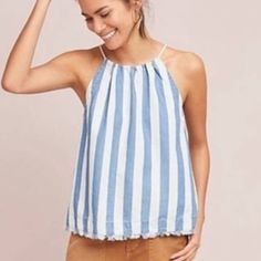 Nwt Anthropologie Maeve Womens Striped Halter Tank Top Sleeveless Size S Blue Description: Condition: New With Tags Brand: Maeve Size: S Color: Blue/White Striped Raw Hem Lightweight Sleeveless Halter Neck Imported White Halter Neck Camisole Casual Style, White Halter Neck Camisole, White Halter Neck Casual Camisole, Cotton Halter Neck Camisole, Chic Cotton Cami Halter Top, Casual Halter Neck Camisole For Day Out, Summer Light Blue Cotton Tank Top, Spring Cotton Halter Neck Camisole, Spring Casual Sleeveless Halter Top