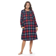 Snuggle up in this Ashford & Brooks Elegant Long Sleeve Vintage Classic Flannel Long Button-Down Nightgown Sleep Dress for Women is made from durable ultra-soft 55% Cotton /45% Polyester fabric, designed with a roomy relaxed fit making it very easy to put on and take off. The flannel Modest Night dress features; Classic Plaids patterns, pullover Sleep Shirt with easy 5 button-down closure, Long Sleeves with cuffs to keep you warm, a Round Neckline with Fancy Lace trim details, large side seam ha Cozy Plaid Long Sleeve Sleepwear, Cozy Long Sleeve Plaid Sleepwear, Plaid Long Sleeve Sleepwear For Loungewear, Plaid Winter Sleepwear, Cozy Red Long Sleeve Sleepwear, Red Long Sleeve Nightgown For Bedtime, Winter Plaid Sleepwear, Red Sleepwear For Overnight, Long Sleeve Buttoned Nightgown For Bedtime