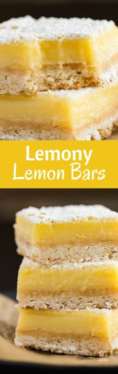 lemon bars stacked on top of each other with the words, lemon bars written below