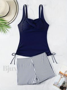 Bjux - Womens Navy Blue Striped Drawstring Tankini Set - Retro Ruched Stretchy Swimsuits for Beachwear & Swimwear Blue Drawstring Tankini For The Beach, Blue Beach Tankini With Drawstring, Blue Drawstring Tankini For Beach Season, Blue Drawstring Tankini For Vacation, Navy Sleeveless Tankini For Beach, Sleeveless Navy Tankini For Beach Season, Navy Sleeveless Tankini For Beach Season, Navy Sleeveless Tankini For Summer, Casual Navy Tankini For Beach