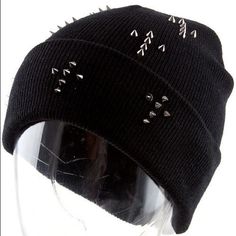 Black Beanie With Gun Metal Cross Spike Studs. Back Of Hat Is Plain Knit Great For Cold Weather And Showing Off Your Rebellious Side! Unisex And Stylish! Black Knitted Hat For Streetwear, Fitted Black Knitted Beanie, Fitted Knitted Black Beanie, Trendy Adjustable Black Beanie, Trendy Black Adjustable Beanie, Trendy Black Knitted Hats, Black Punk Beanie Hat, Punk Black Beanie Hat, Punk Style Black Beanie Hat