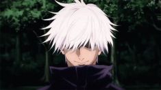 an anime character with white hair standing in front of trees