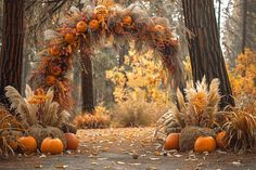 an outdoor fall wedding arch with pumpkins and dried grass in the foreground, surrounded by autumn foliage