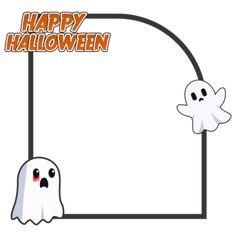 two ghostes are standing in front of an arch with the word happy halloween written on it