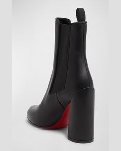 "Find CHRISTIAN LOUBOUTIN Turelastic Leather Red Sole Ankle Booties on Editorialist. Christian Louboutin \"Turelastic\" calf leather ankle booties 3.25 in / 85 mm block heel Round toe Gored sides Pullon style Signature Louboutin red leather outsole Made in Italy" Lou Boutin, Christian Louboutin Logo, Lou Boutin Shoes, Louboutin Boots, Red Louboutin, Black Ankle Booties, Red Sole, Black Leather Boots, Ankle Booties