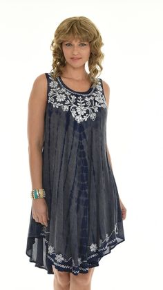 "Look and Stay comfy in this flowing black sleeveless dress featuring an intricate tie-dye pattern, adorned with floral embroidery on the neck and hem, featuring a curved hem for extra flair. This dress is a lightweight, relaxed fitting, endlessly flattering, and perfect for comfortable casual summer wear. This summer dress is ideal for many events, such as an evening stroll, a late-night BBQ, a beach day, a vacation, a poolside relaxation, a boardwalk promenade, or just a cozy stay-at-home. It Black Bohemian Sleeveless Sundress, Flowy Bohemian Sleeveless Tank Top, Bohemian Flowy Sleeveless Tank Top, Flowy Tie-dye Sundress For Summer, Summer Beach Tie-dye Dress, Beach Sundress In Tie-dye, Casual Tie-dye Sleeveless Sundress, Sleeveless Cotton Tie-dye Dresses, Summer Tie Dye