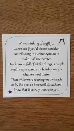 a sign that is on the side of a wooden door saying, when thinking of a gift for us, we ask if you'd'd please consider consider con