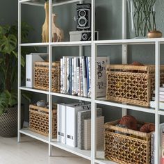 a white book shelf filled with books and wicker baskets next to a potted plant