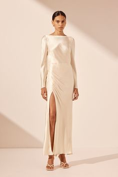 La Lune Flared Sleeve Side Split Midi Dress | Cream | Dresses | Shona Joy Long Sleeve Cream Dress, Rehearsal Dinner Dress Sleeves, La Lune Dress, Renewal Dress, Cream Dresses, Shona Joy, Dress Long Sleeves, Split Maxi Dress, Dress Cream