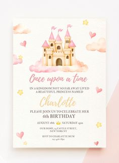 a princess castle birthday party with pink and gold confetti on the front, white background