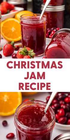 christmas jam recipe with oranges, cranberries and strawberries on the side