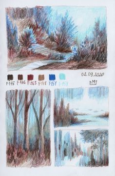 colored pencil drawings of trees and water in various stages of development, from left to right