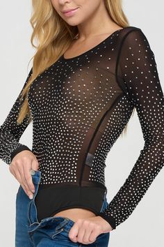 DetailsA long sleeve rhinestone bodysuit featuring sheer mesh and a round neckline Fall Bodysuit With Sheer Sleeves For Night Out, Sheer Bodysuit For Night Out In Fall, Sheer Long Sleeve Bodysuit For Night Out, Spring Party Bodysuit With Mesh Sleeves, Trendy Sheer Bodysuit For Night Out, Fitted Long Sleeve Embellished Bodysuit, Long Sleeve Embellished Bodysuit For Night Out, Embellished Long Sleeve Bodysuit For Party, Embellished Long Sleeve Bodysuit For Night Out