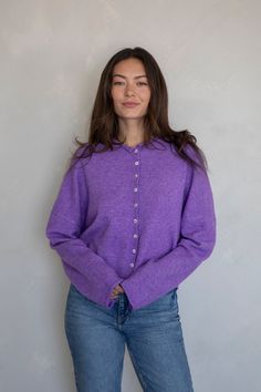 Soft and lightweight cardigan with buttons. - Sizing: Model is 5'7", wearing a size S | It is oversized! Most prefer true to size, or a size down. Size chart - Content: 61% Polyester, 15% Viscose, 15% Nylon, 6% Wool, 3% Spandex - Care: Handwash recommended. Due to the nature of the yarn, garment may pill. Imported Trendy Relaxed Fit Cardigan With Buttons, Fall Purple Button-up Cardigan, Purple Button-up Cardigan For Fall, Purple Button-up Winter Cardigan, Cardigan With Buttons, Cardigan Purple, Dress Home, Satin Midi Dress, Button Cardigan