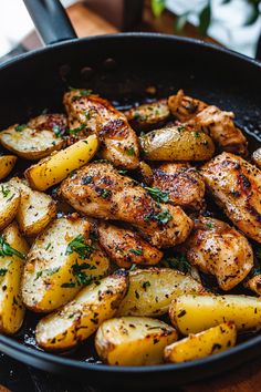 Garlic Butter Chicken and Potatoes Skillet Herbed Chicken Recipes, Big Dinner Ideas, Potatoes In Cast Iron Skillet, Chicken Recipes Lunch, Monday Dinner Ideas, Chicken And Potatoes Recipes, Crispy Baby Potatoes, Chicken And Potatoes Skillet, Garlic Butter Chicken And Potatoes