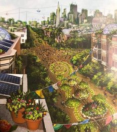 an artist's rendering of a city with lots of plants and buildings in the background