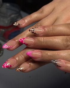 NEVA HAD A WHAT🗣️🗣️🗣️🗣️🗣️🗣️ - - - - - - #gelx #gelxnails #nailinspo#nailinspiration #pink#pinknails #animalprint #summer #summernails #detroit Cool Gel X Nails, Opposite Color Nails On Each Hand, Names On Nails, Jaguar Nail Designs, Sculpted Nail Art, Nail Set Up At Home Ideas, Popular Nail Designs 2024, Cute French Tip Ideas, Nail Ideas With Pink