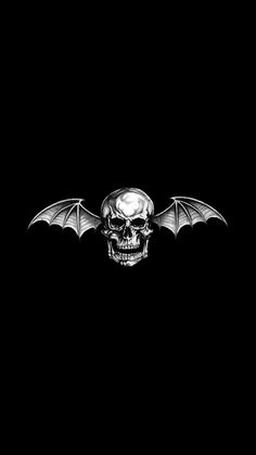 a black and white image of a skull with bats on it's wings in the dark