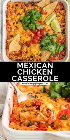 mexican chicken casserole with tortilla chips and cilantro on the side