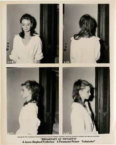 four different pictures of a woman with long hair and wearing a white shirt, looking at herself in the mirror