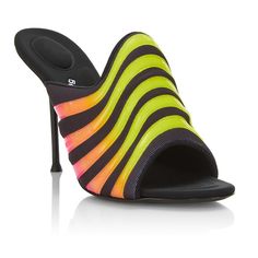 Glossy Ombr Striping Covers The Vamp Of These Fashion-Forward Mules, Designed With An Alluring Stiletto Heel. “Soft Glowstick” Is The Color Stretch Textile Upper Open Toe Slip-On Style Leather Lining Padded Insole Leather Sole Imported Self-Covered Stiletto Heel, About 4” (105mm) Yellow Sandals With Sculpted Heel For Evening, Yellow Evening Sandals With Sculpted Heel, Yellow Heels With Wrapped Heel For Evening, Yellow Pointed Toe Evening Sandals, Yellow Open Heel Evening Heels, Designer Yellow Open Heel Heels, Yellow Heels With Padded Heel, Fitted Yellow Sandals For Party, Fitted Yellow Heels With Wrapped Heel